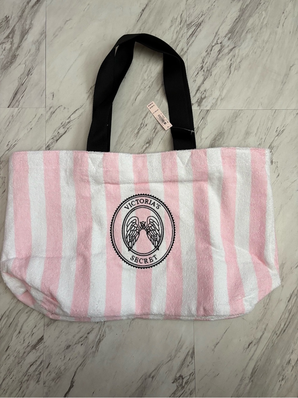 Victoria's Secret Pink & White Terry Striped Tote with Black Handles